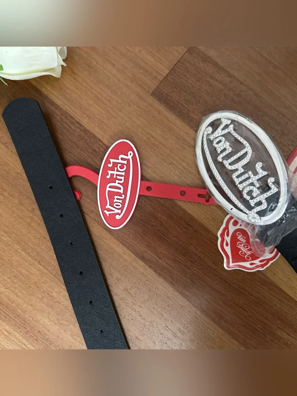 Von Dutch Red and Silver Rhinestone Logo Belt Accent